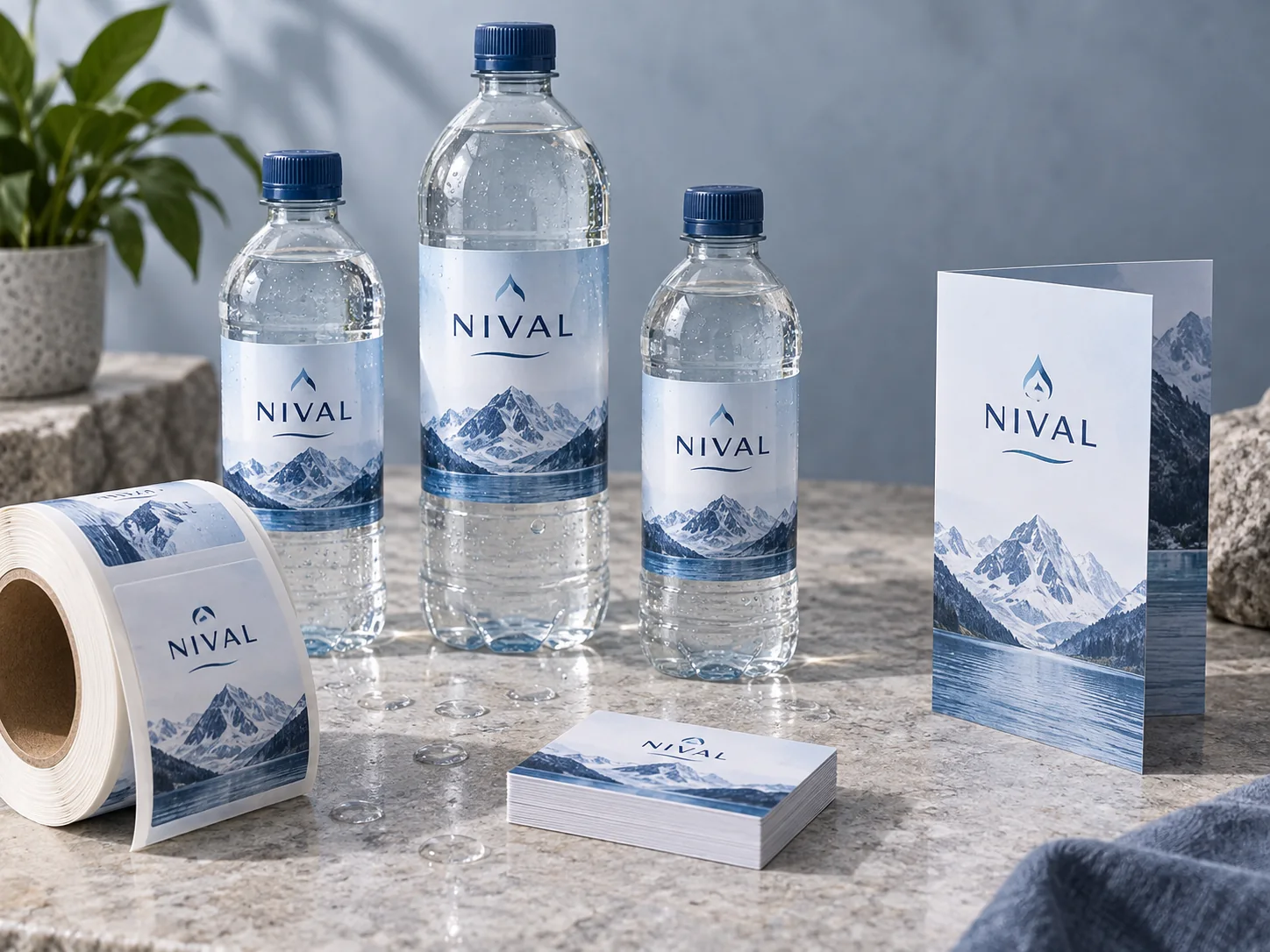 Ejemplo conceptual de botellas, etiquetas y piezas impresas para la marca ficticia Nival