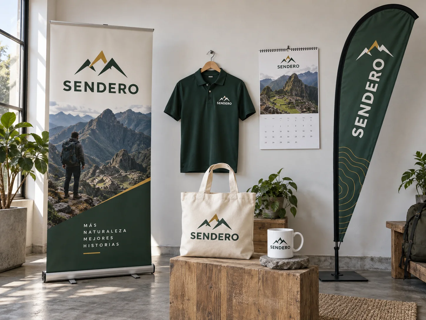 Ejemplo conceptual de roll-up, bandera, polo, taza y bolsa para la marca ficticia Sendero